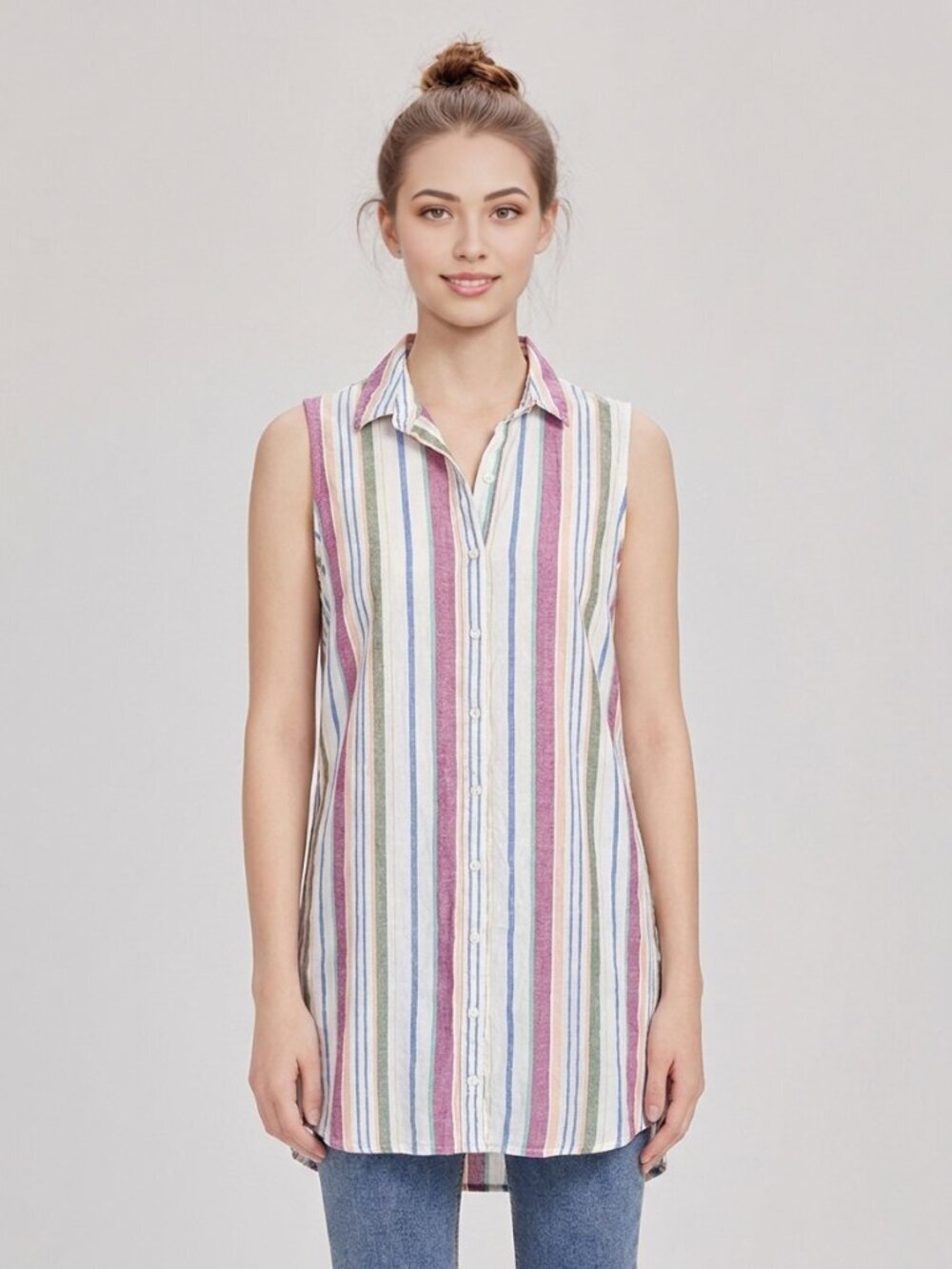 Cato Linen Beachy Boho Lagenlook Striped Sleeveless Button Down Shirt Dress